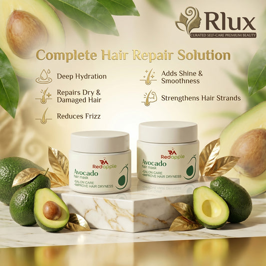 Avocado-based hair care products with Rlux branding on a light background