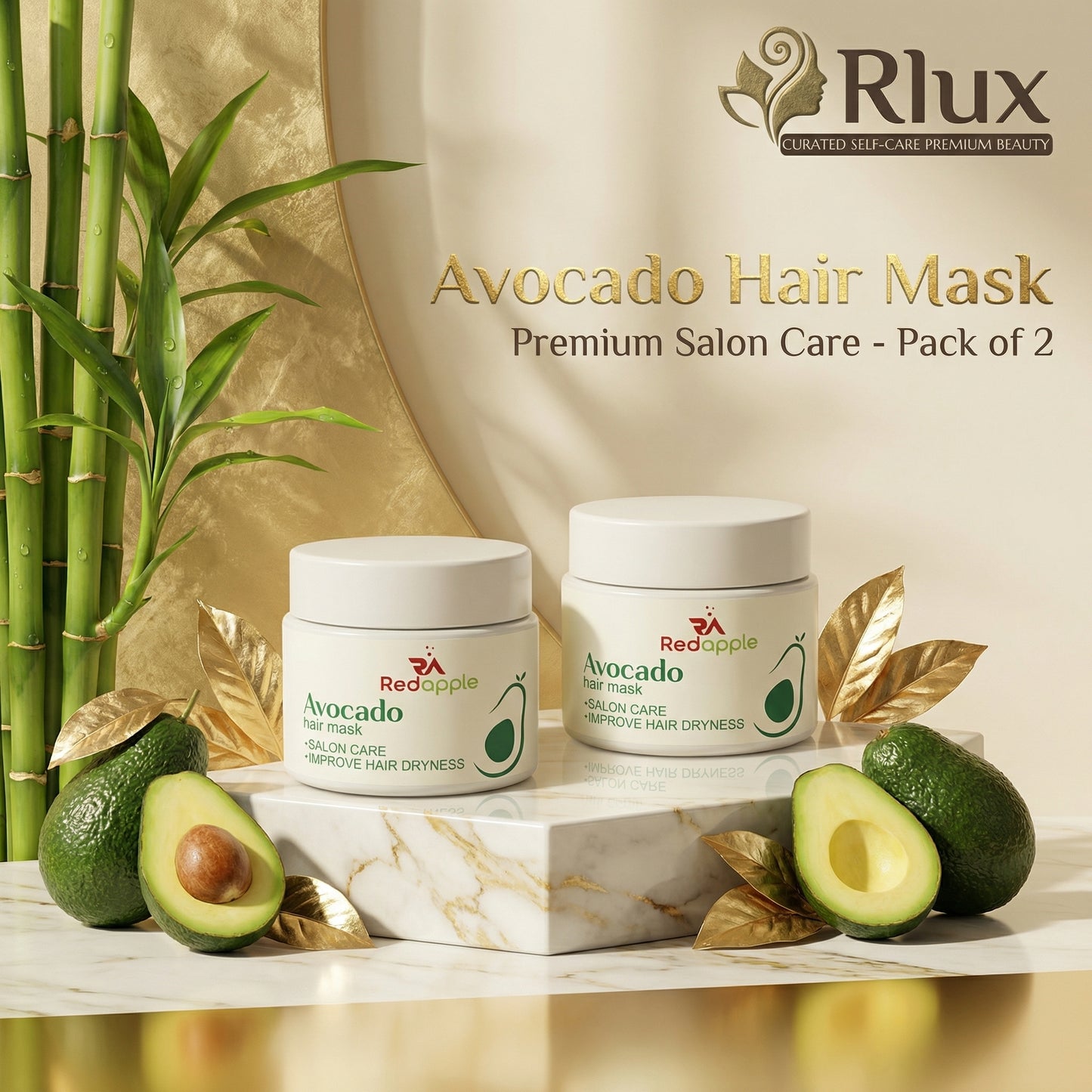 Avocado hair mask packaging with avocados and bamboo on a decorative background, featuring the Rlux brand.