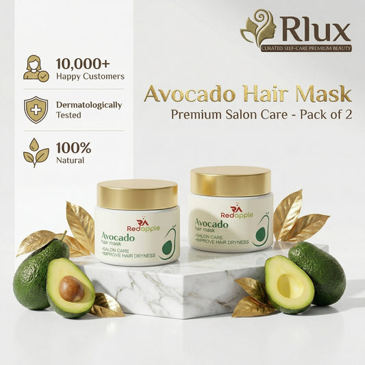 Avocado hair mask packaging with avocados on a white background, featuring the Rlux brand.