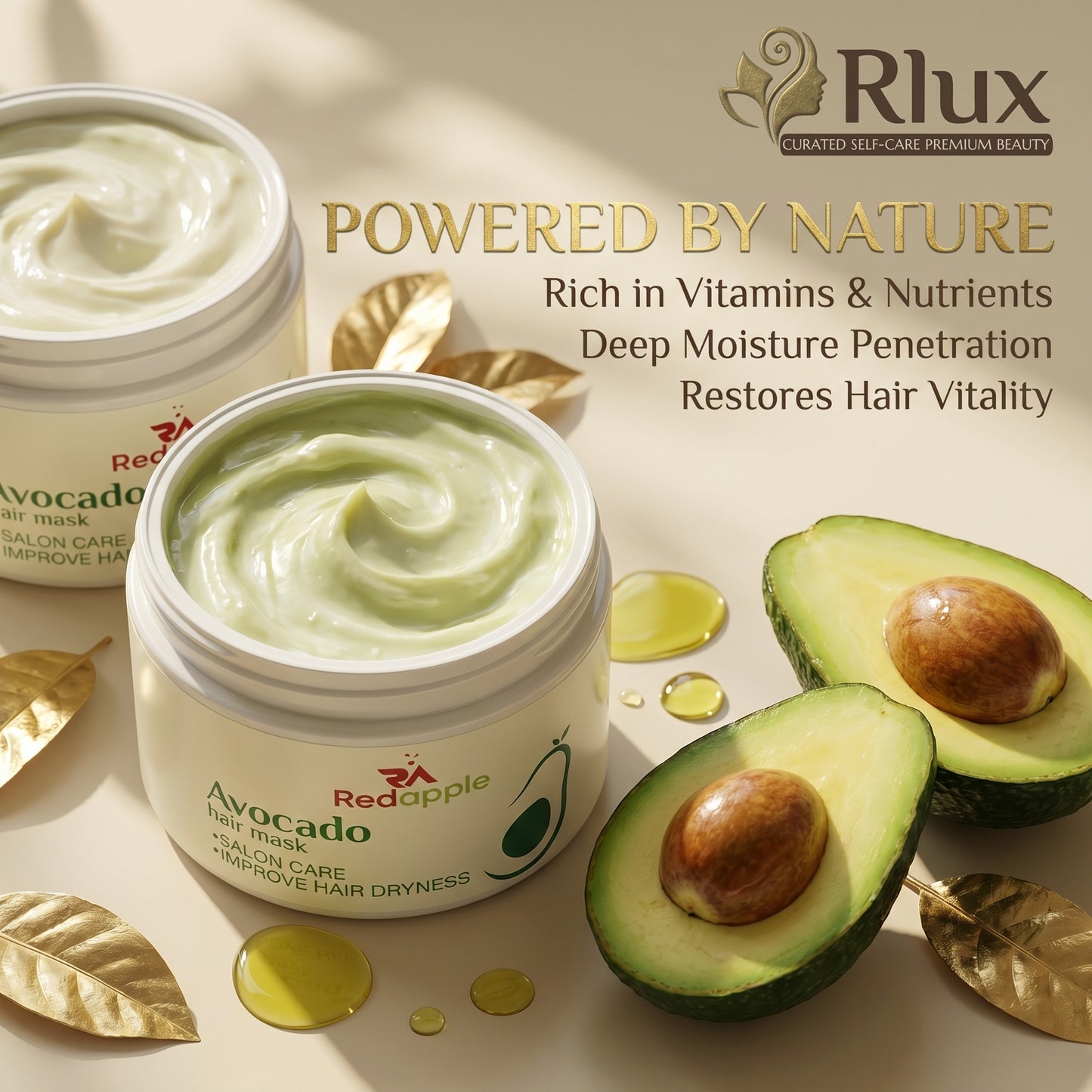 Avocado hair mask jar with half an avocado and gold leaves on a light background, featuring the Rlux brand.
