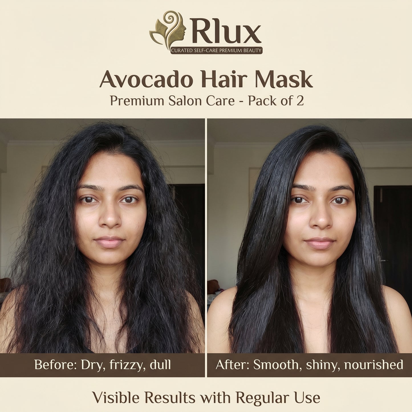 Avocado hair mask before and after results with Rlux branding.