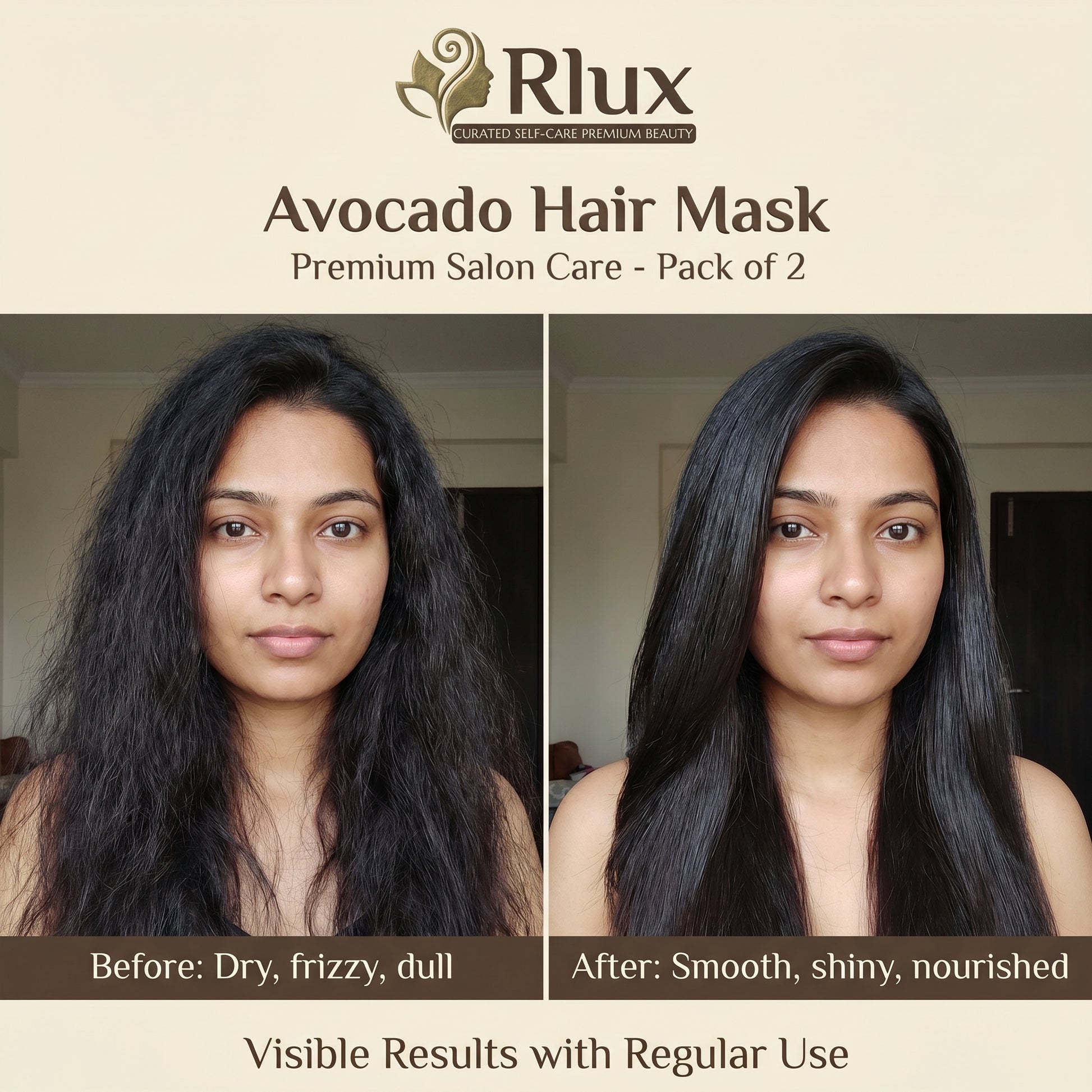 Avocado hair mask before and after results with Rlux branding.