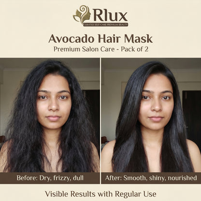Avocado hair mask before and after results with Rlux branding.