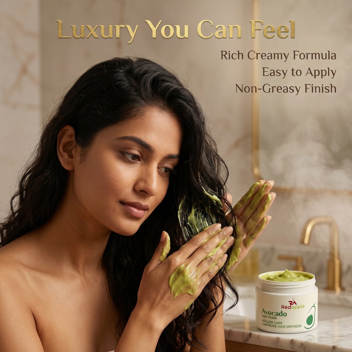 Woman applying green hair mask to her hair with a jar of the product in the background.