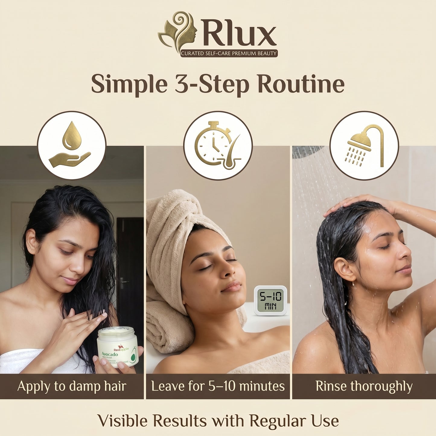 Advertisement for Rhux self-care product with a 3-step routine illustration.