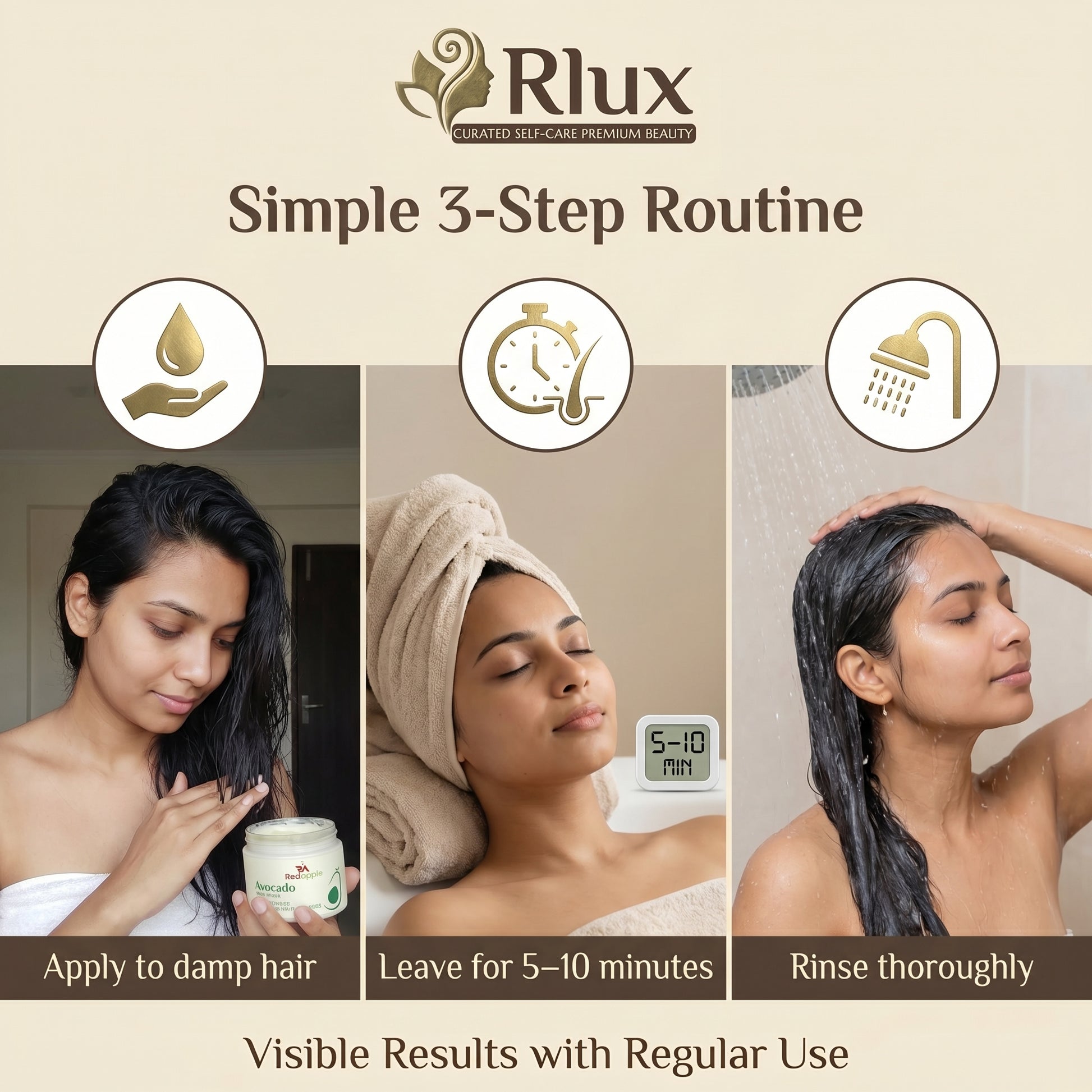 Advertisement for Rhux self-care product with a 3-step routine illustration.