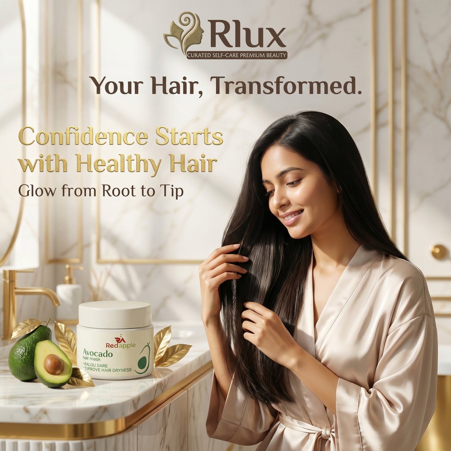 Woman with long, healthy hair admiring herself in a mirror with Rlux hair care product and avocado on a marble counter.