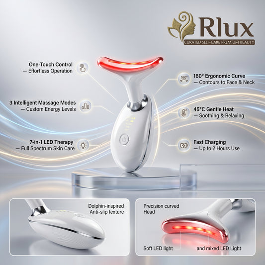 Rhux skincare device with features highlighted on a gray background