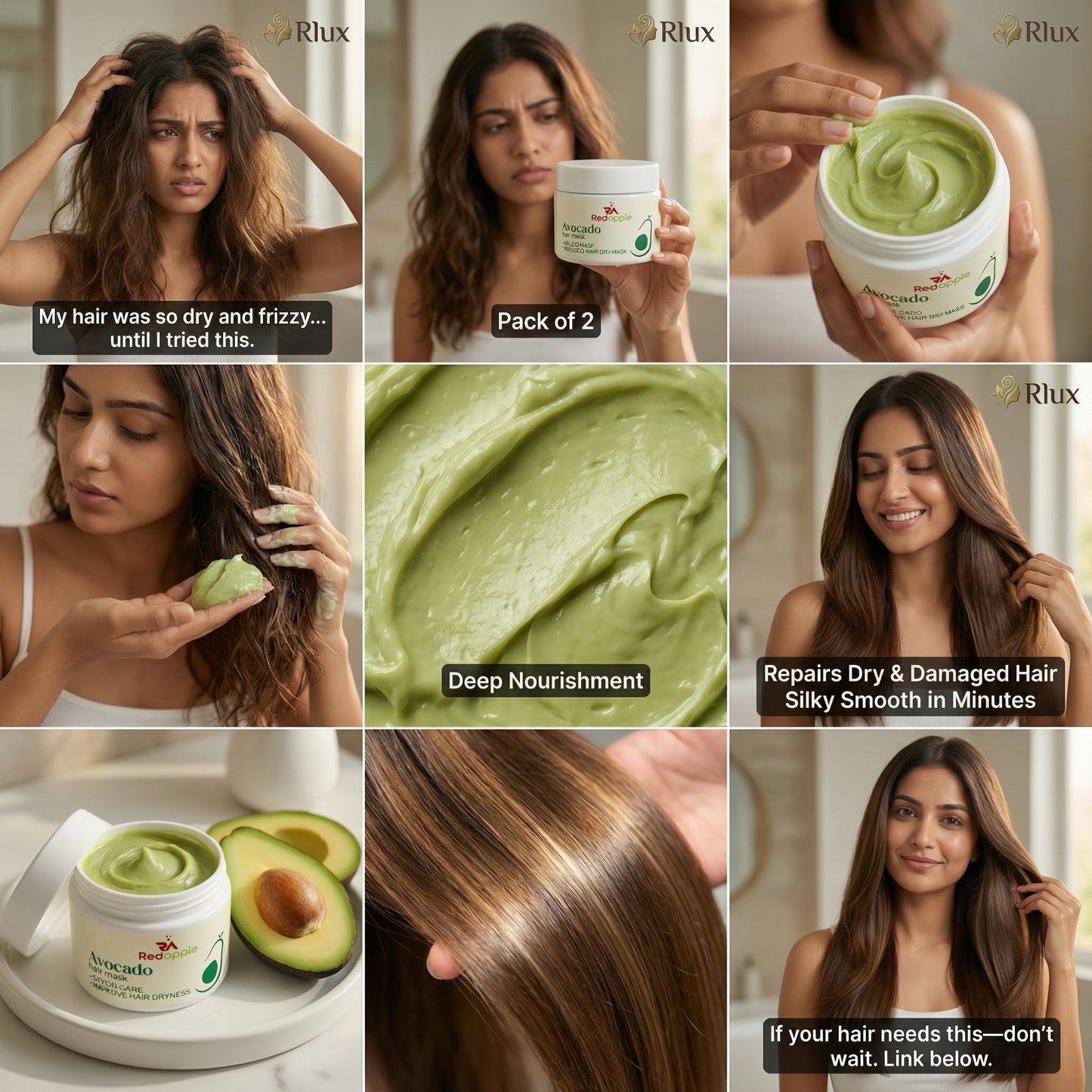 Promotional collage of a hair care product with text and images of a woman using it.