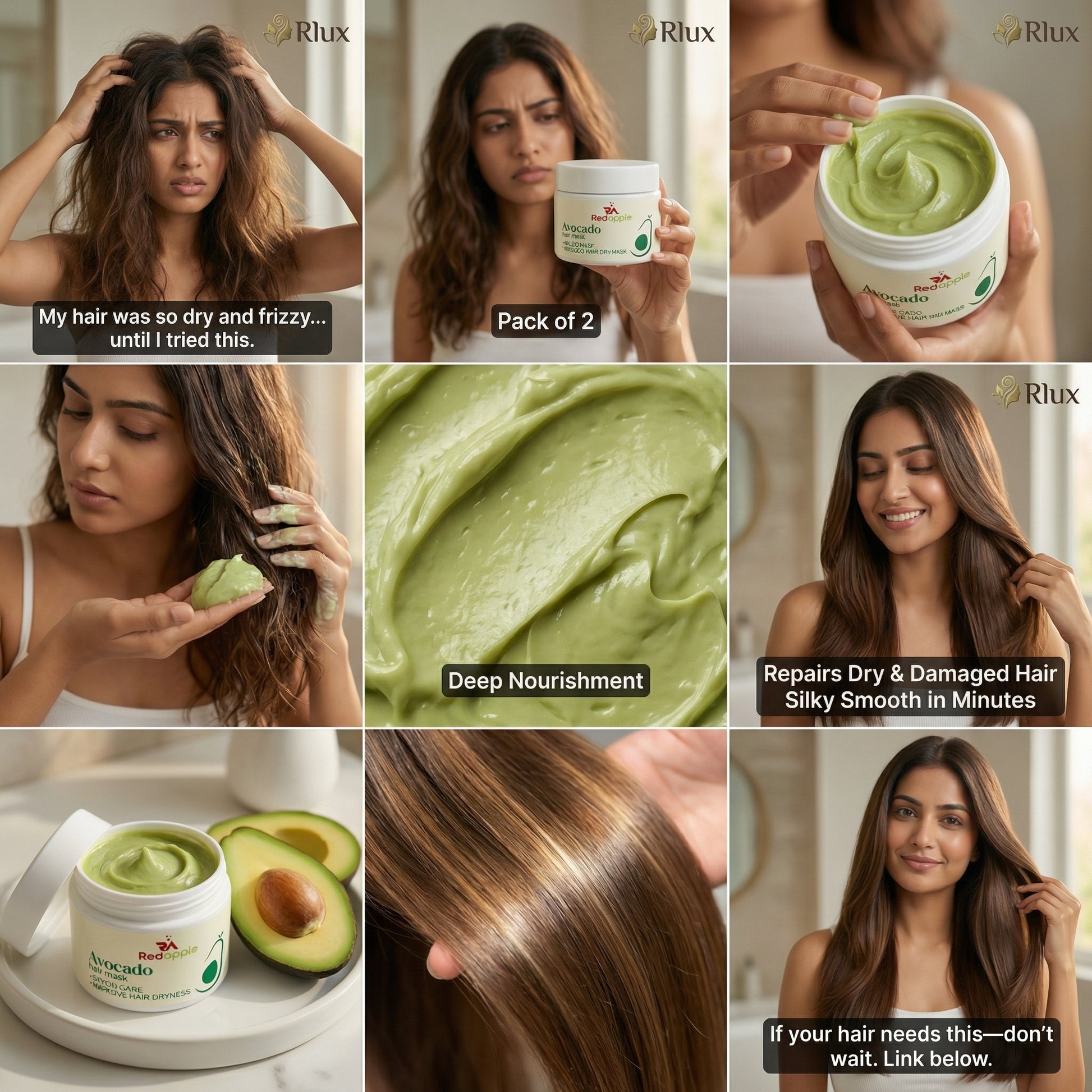 Promotional collage of a hair care product with text and images of a woman using it.