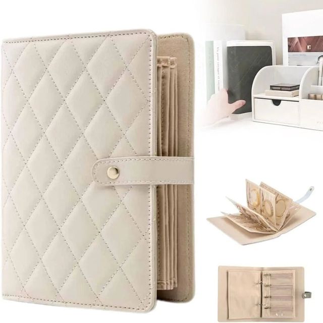 Beige quilted wallet with open compartments on a white background