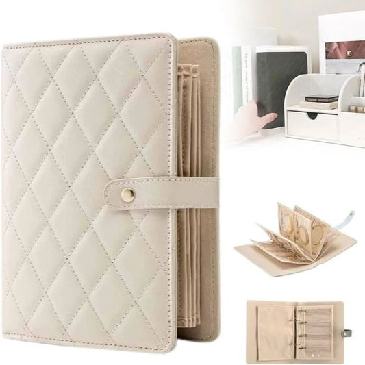 Beige quilted wallet with open compartments on a white background